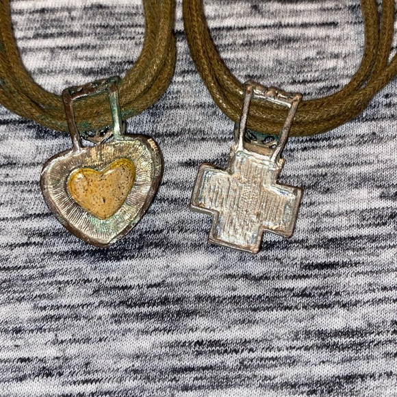 Vintage Faux-Turquoise Heart Cross Brown Cord Necklace and Earrings Sets - Picture 10 of 13